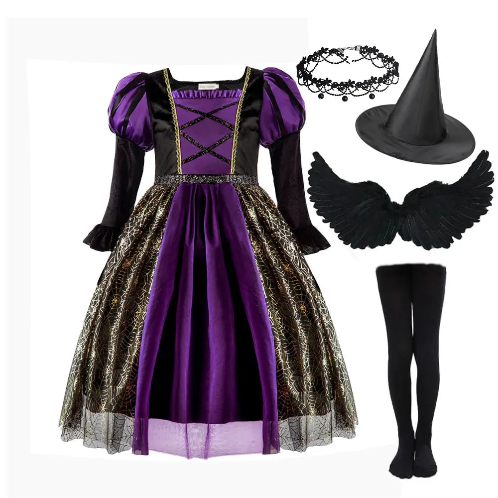 Purple Black Witch Golden Spider Web Kids' Dress Halloween Costume - product image 14