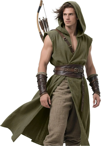 Men's Medieval Hooded Surcoat Renaissance Tabard Sleeveless Tunic Cloak Viking Costume - army green / S