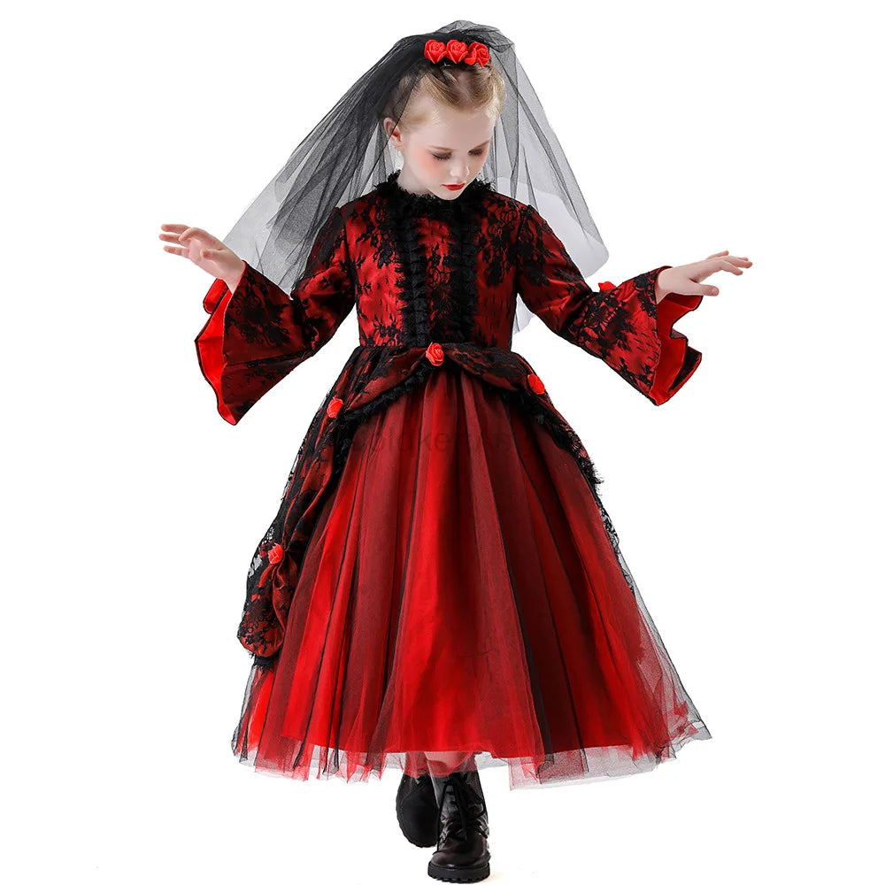 Girls Gothic Ghost Bride Costume – Black & Red Dress with Headpiece