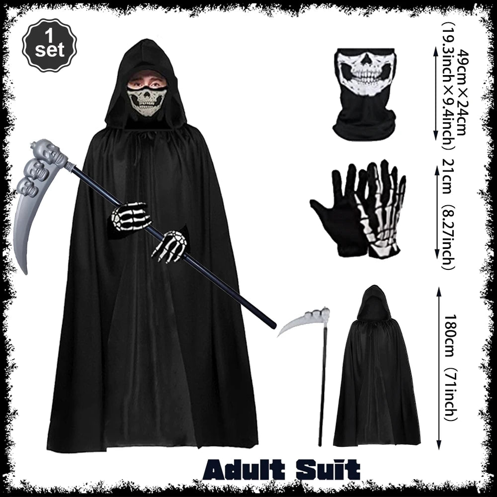 Scary Halloween Grim Reaper Costume Set Scythe Hooded Cape Skull Face Mask Gloves for Kids - L 1set 1