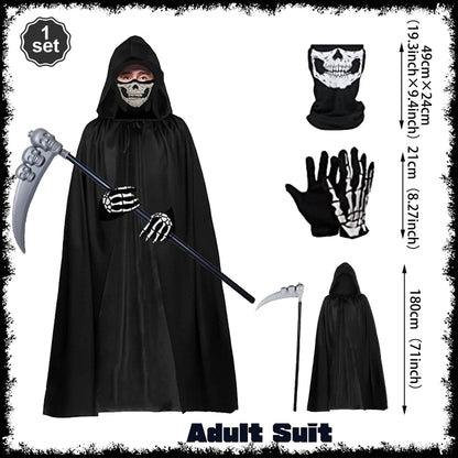 Scary Halloween Grim Reaper Costume Set Scythe Hooded Cape Skull Face Mask Gloves for Kids - L 1set 1