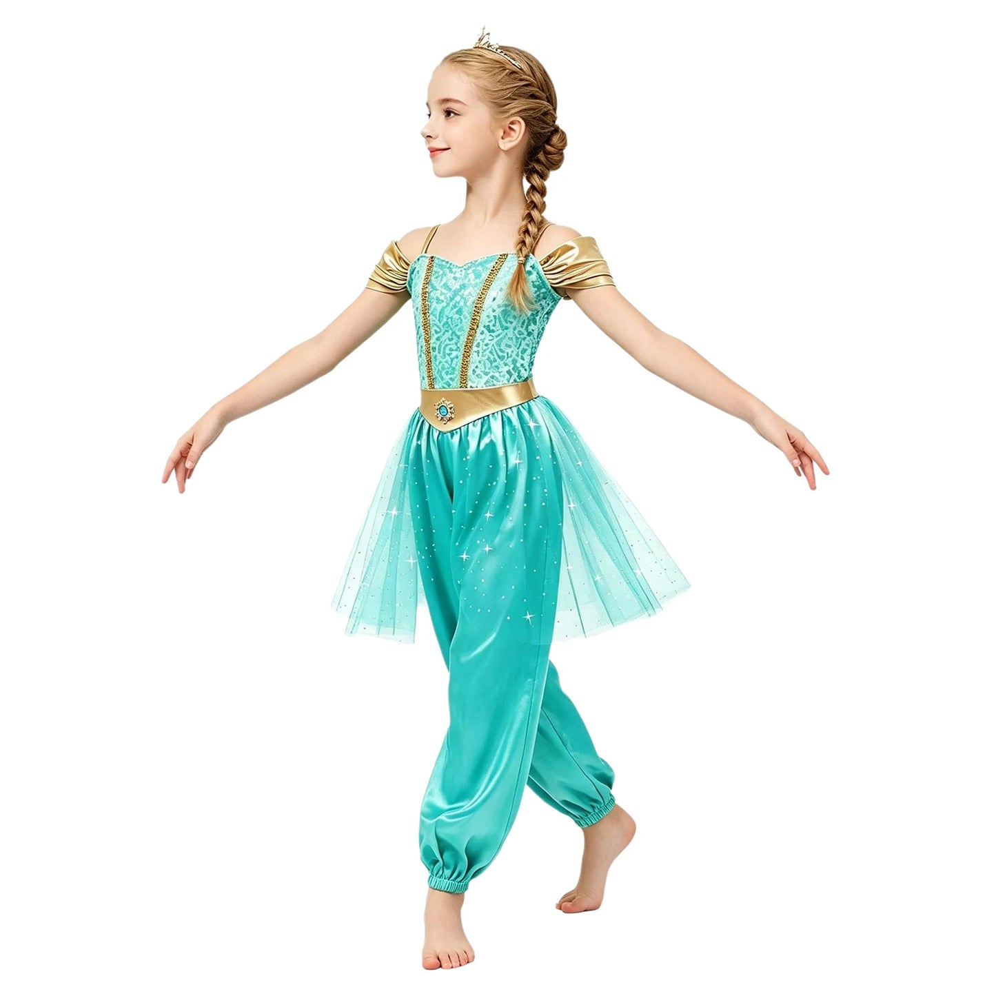 Girls Arabian Princess Halloween Carnival Dress Up Cosplay Costume Metallic Ruched Sequin Bodice Tulle Panel - product image 3