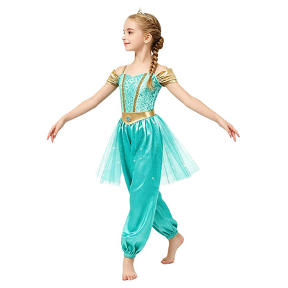 Girls Arabian Princess Halloween Carnival Dress Up Cosplay Costume Metallic Ruched Sequin Bodice Tulle Panel - product image 3