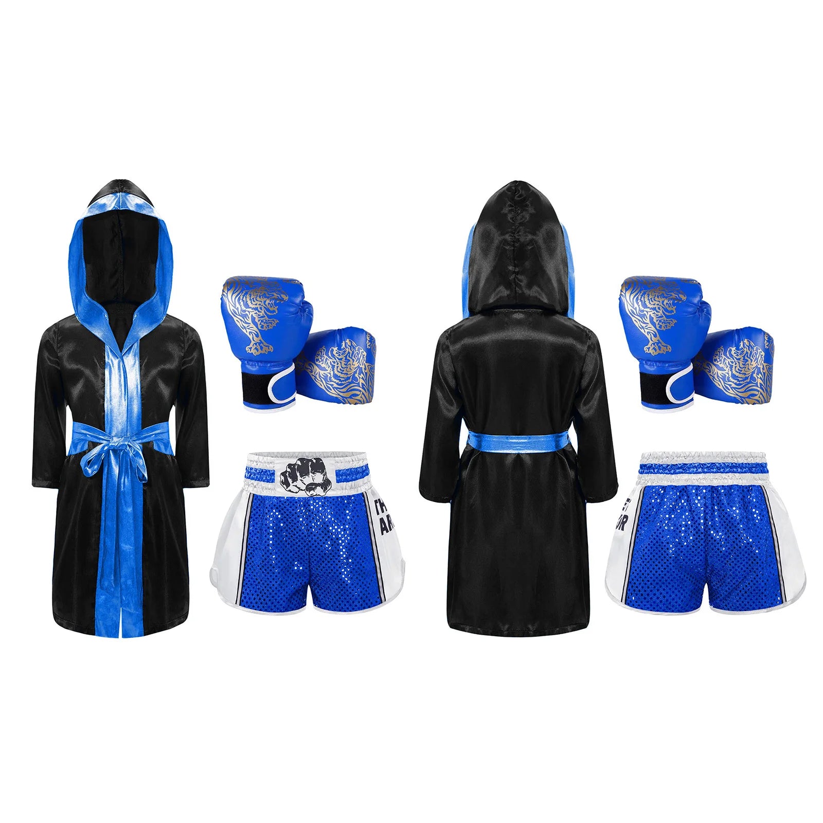 Boxing Long Sleeve Metallic Trim Satin Hooded Robe Belt Sequins Shorts Gloves - alternate view 9