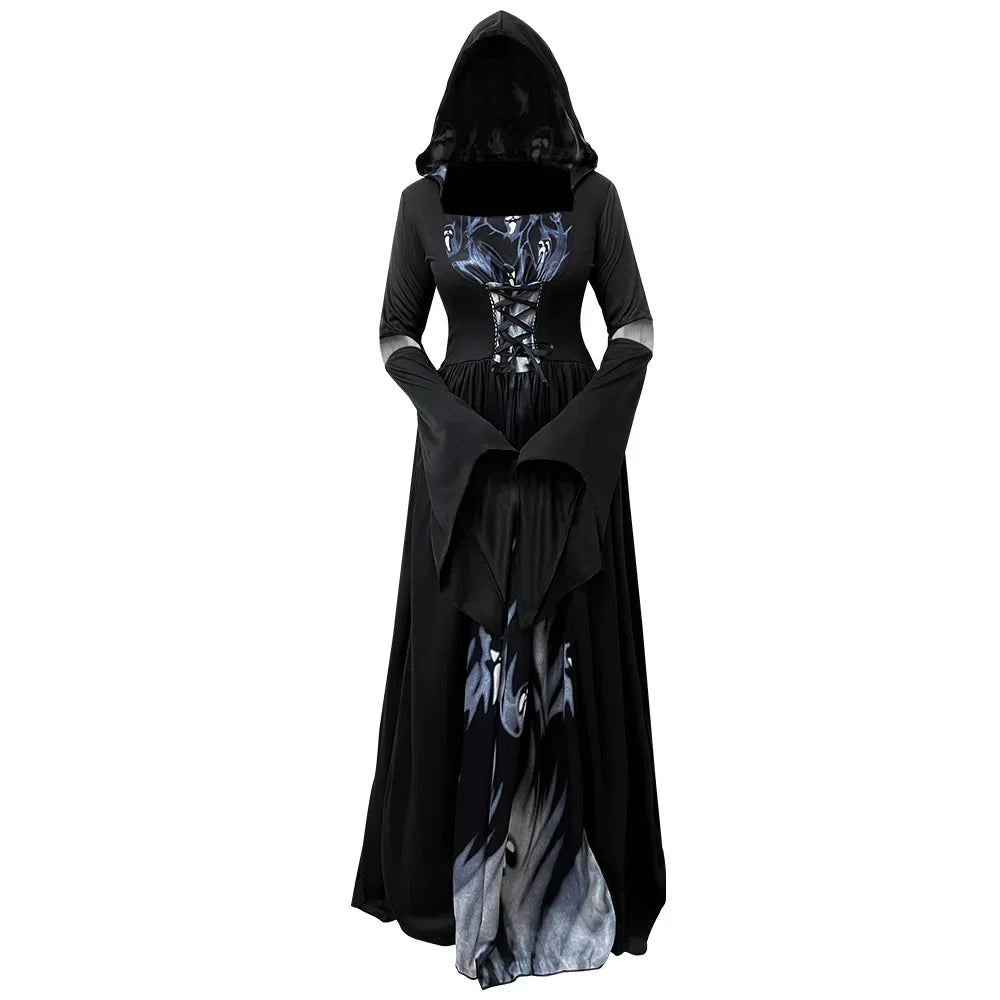 Halloween Witch Dress Women's Gothic-Style Long Hooded Vampire Dress Vintage In Black with Ghost Print and - product image 7
