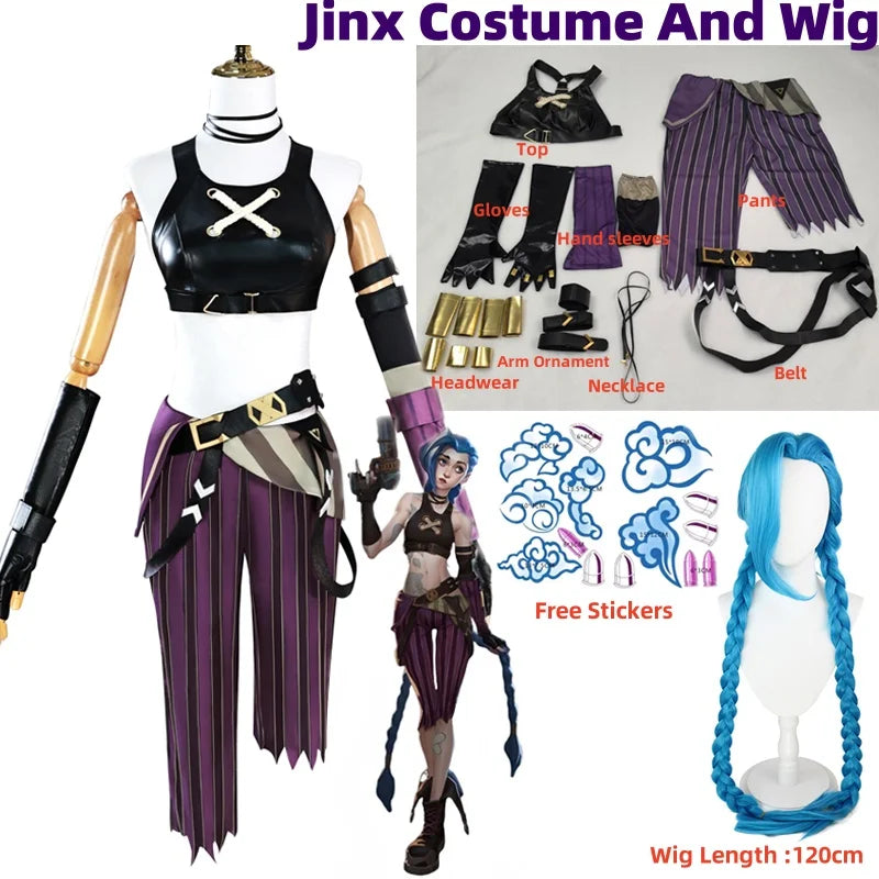 Jinx-Inspired Arcane-Style Cosplay Costume & Wig Options - Costume and Wig L