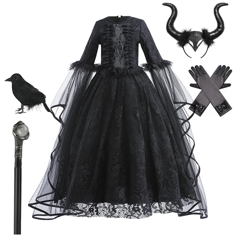 Halloween Dress For Girls Evil Witch Cosplay Costumes Children Lace Ruffles Floor Length Outfits Kids - product image 15