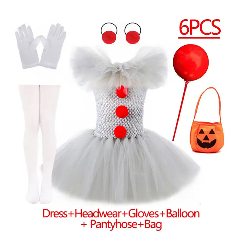 Girls Gray Creepy Clown Costume Handmade Mesh Tutu Dress Kids Halloween Carnival Cosplay