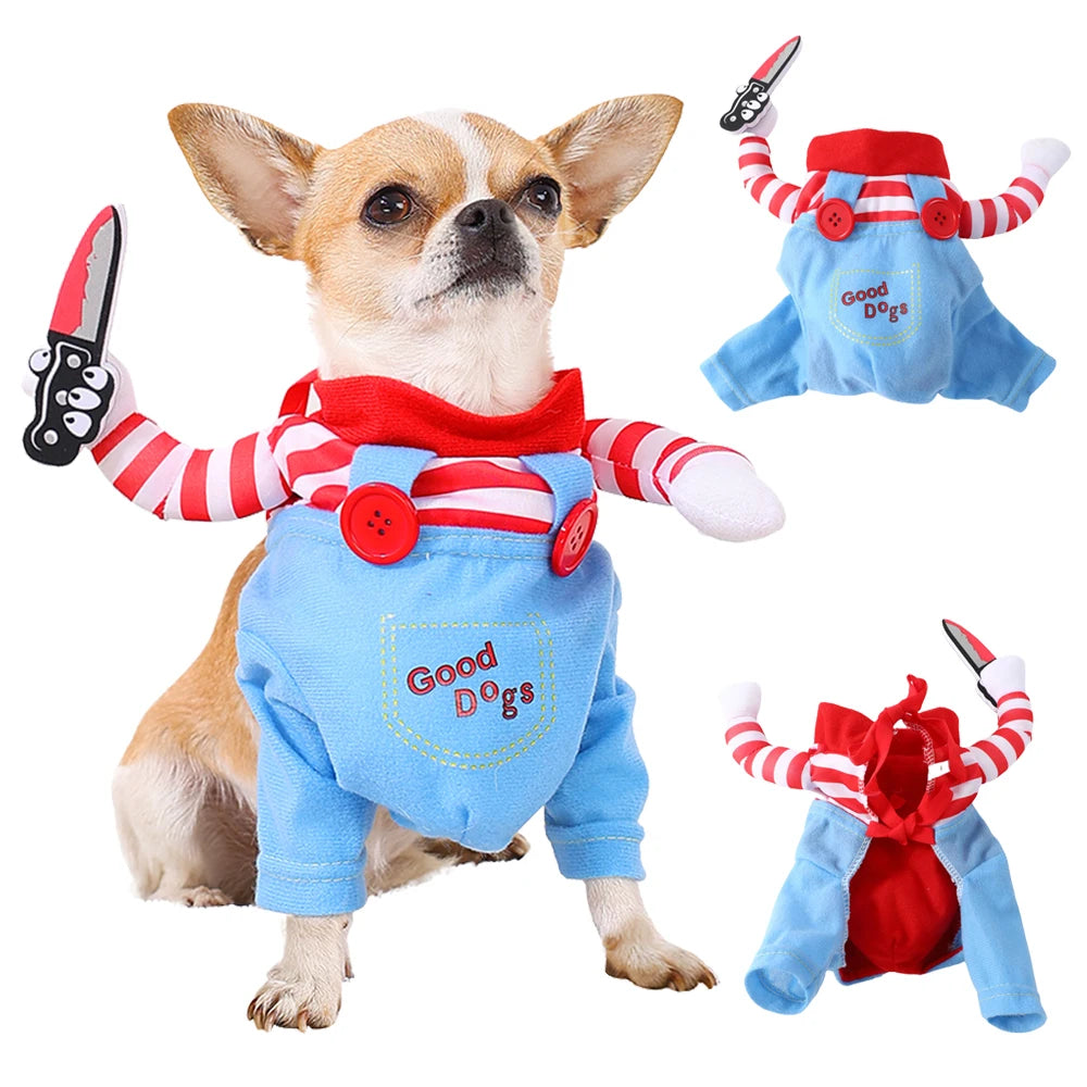 Halloween Pet Costume Cat Costume Holding Knife Puppy Kitten Dress Up Shirt Cats Dogs - Blue without hat / M