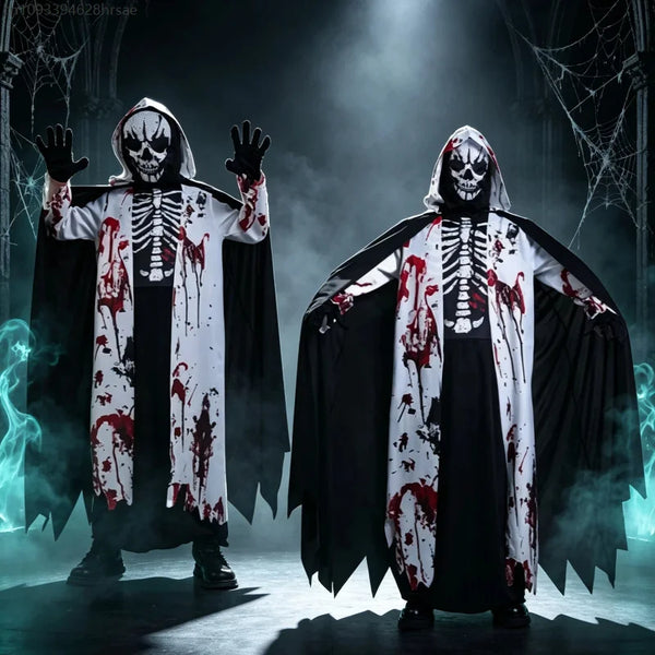Bloody Skeleton Death Costume Horror Skull Mask Cape Robe Zombie Ghost