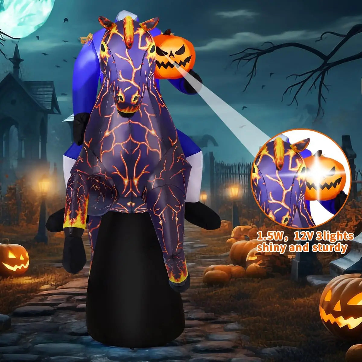 6FT Long Halloween Inflatables Headless Horseman Outdoor Decorations Blow Up Lightning Horse Yard with Built-in LEDs for I