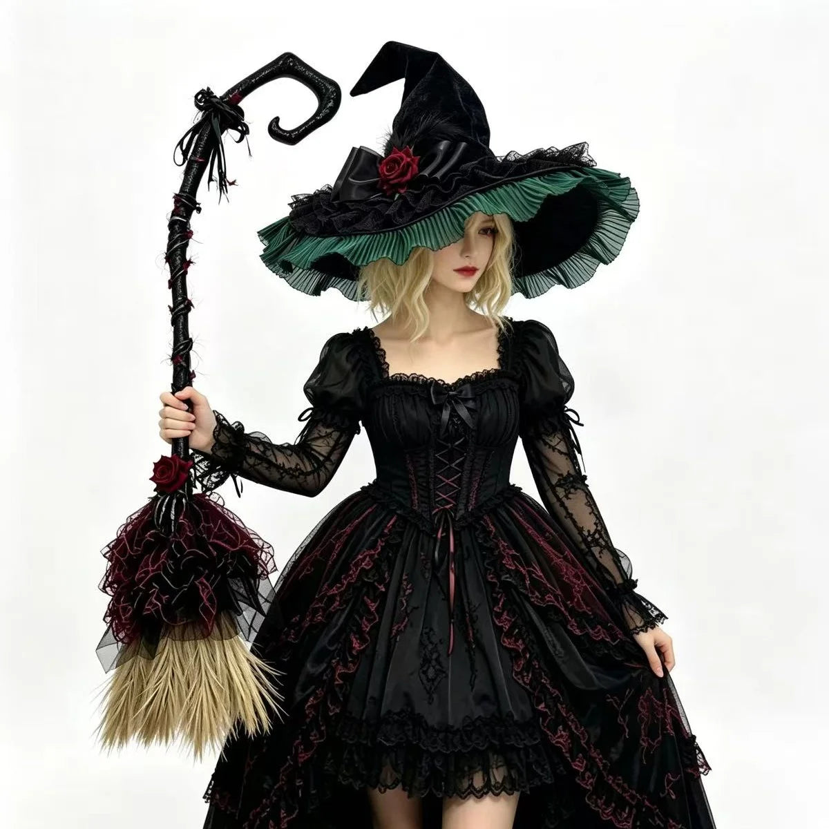 Gothic Halloween Witch Hat and Broom Set Witch Pointed Witch Flying Party - product image 4