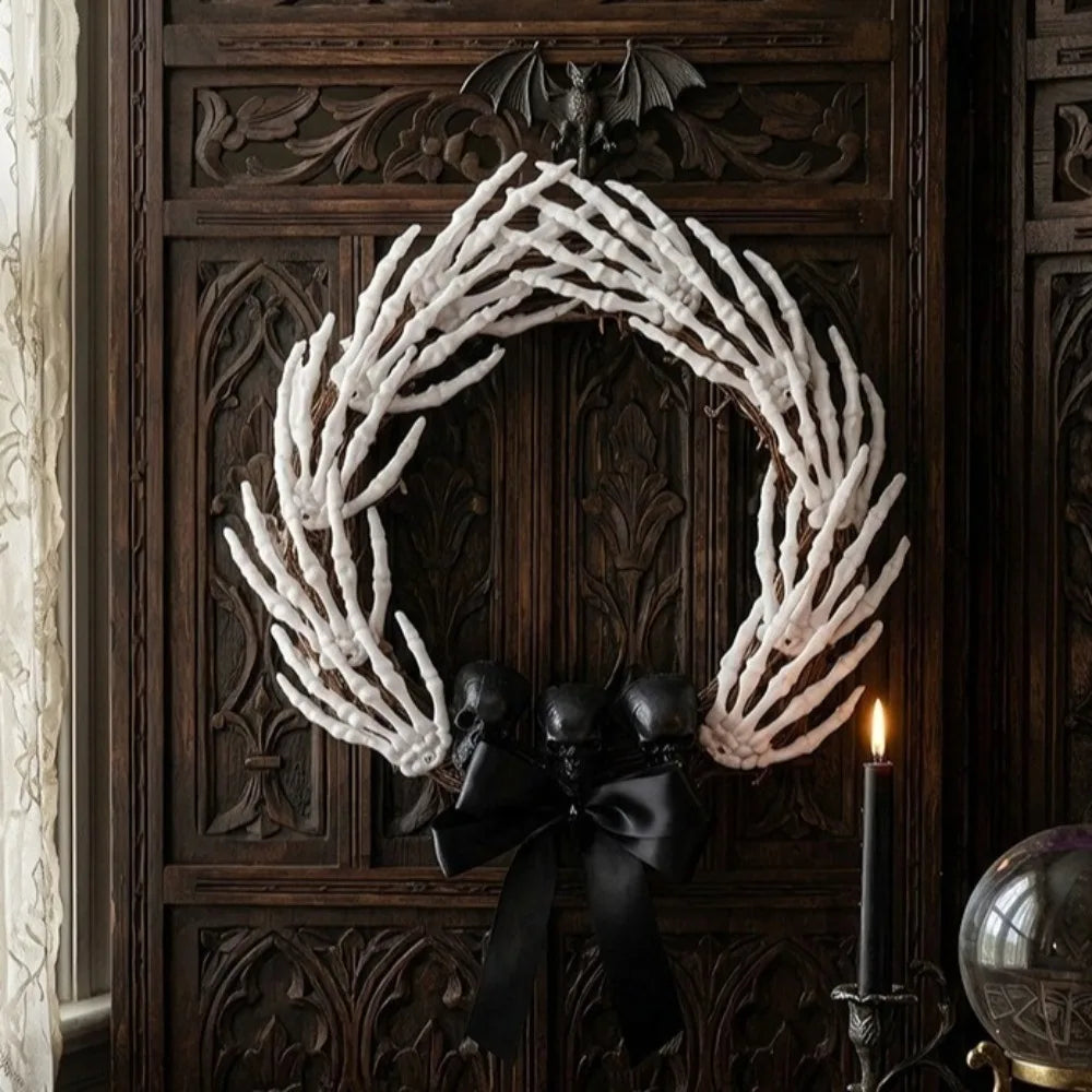 Dark Style Halloween Skeleton Hand Wreath Black Ribbon Black Bow Halloween - product image 2