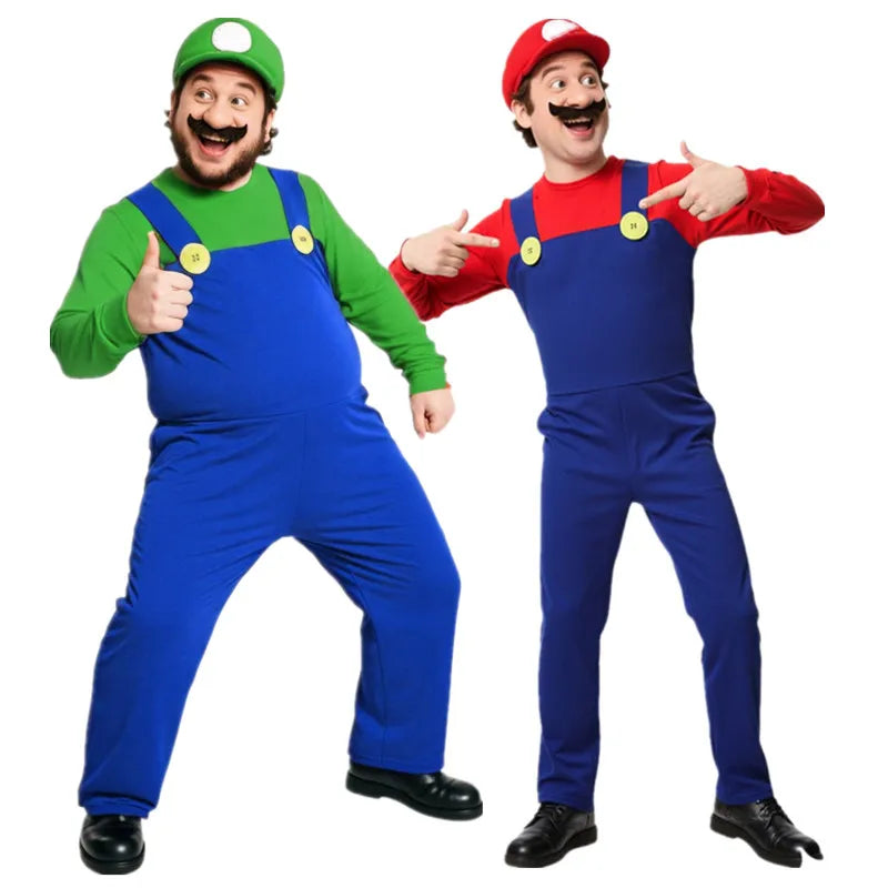 Men's Plumber Hat Fake Beard Cartoon Game Funny Red Green Yellow Purple Gloves