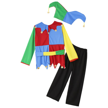 Girl Boy Circus Clown Cospaly Costume Halloween Performance Dress Hat Waistband Pants Set - Dress / 7-10Y