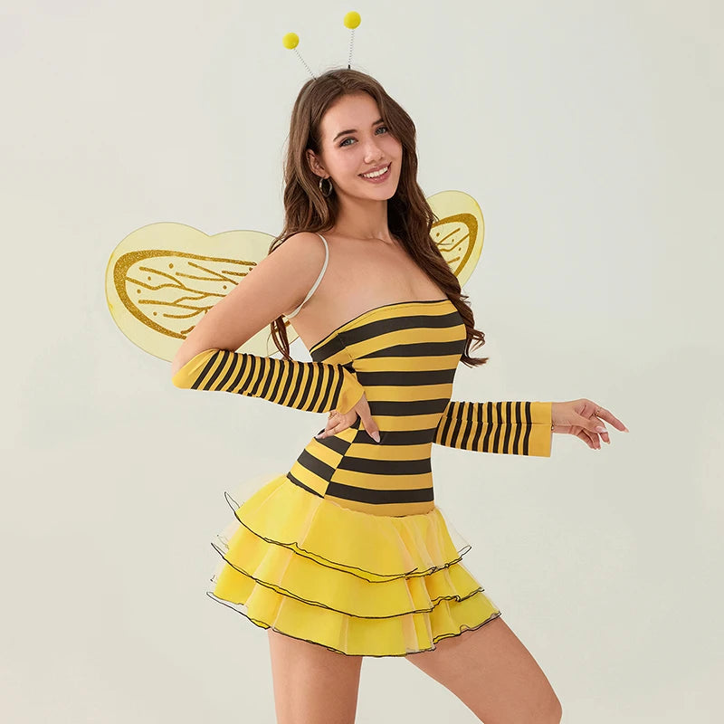 Women Outfit Striped/Dots Print Sleeveless Ladybug/Bee Costume Dress with Hair Hoop