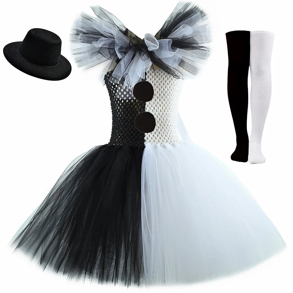 Girls Halloween Clown Costume Dress Kids Black White Scary Clown Dress with Hat Socks - Clown Dress / 4-5Y