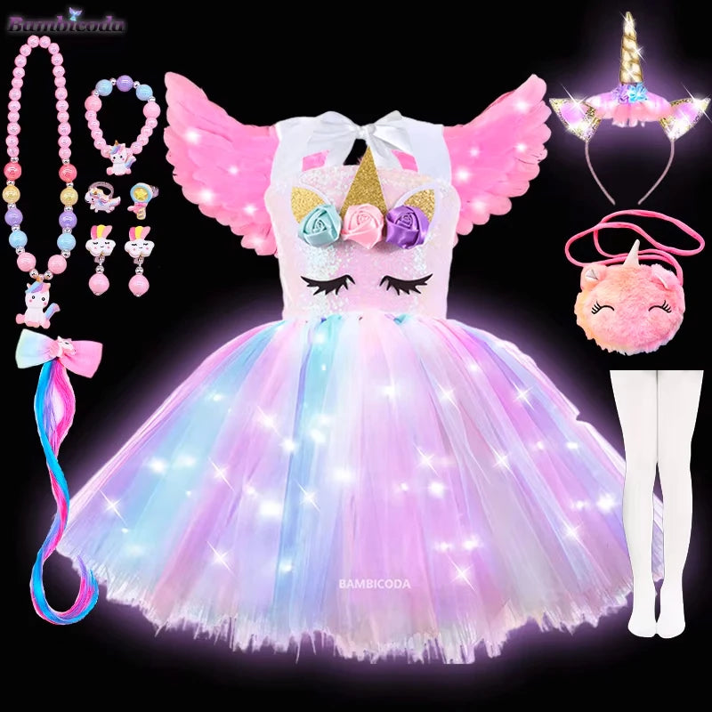 Girls Shiny Unicorn Tutu Led Lighting Dress Glowing Dresses Princess Dress Clothing