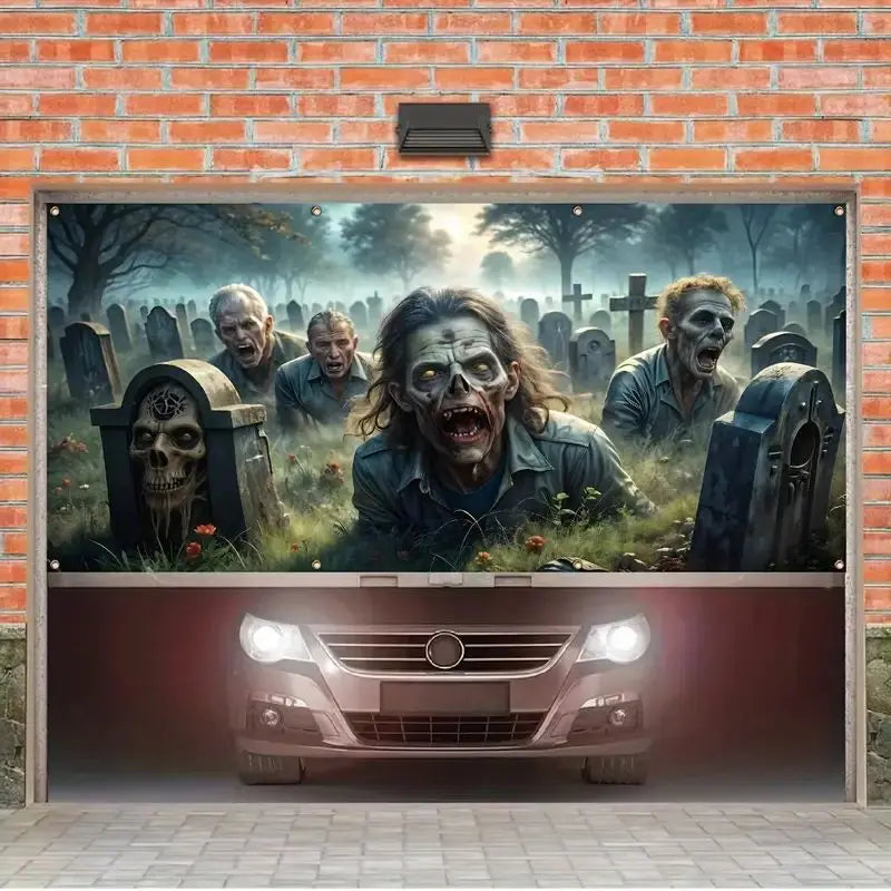 Zombie Garage Door Banner Tombstone Skull Photography Background