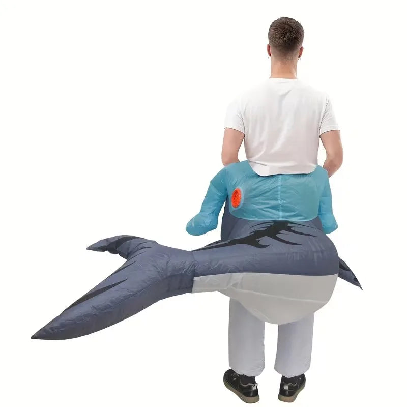 Inflatable Ride of Shark Costume for Adult Blow Up Green Riding A Shark Cosplay Costume Funny Halloween Party Carnival Suit
