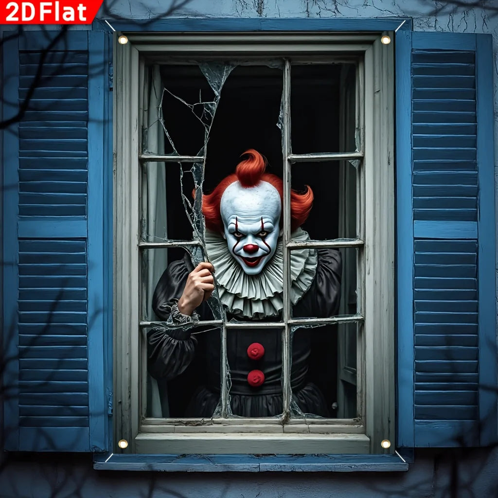 2D flat, 1 Halloween clown through a broken window banner - polyester haunted - product image 2