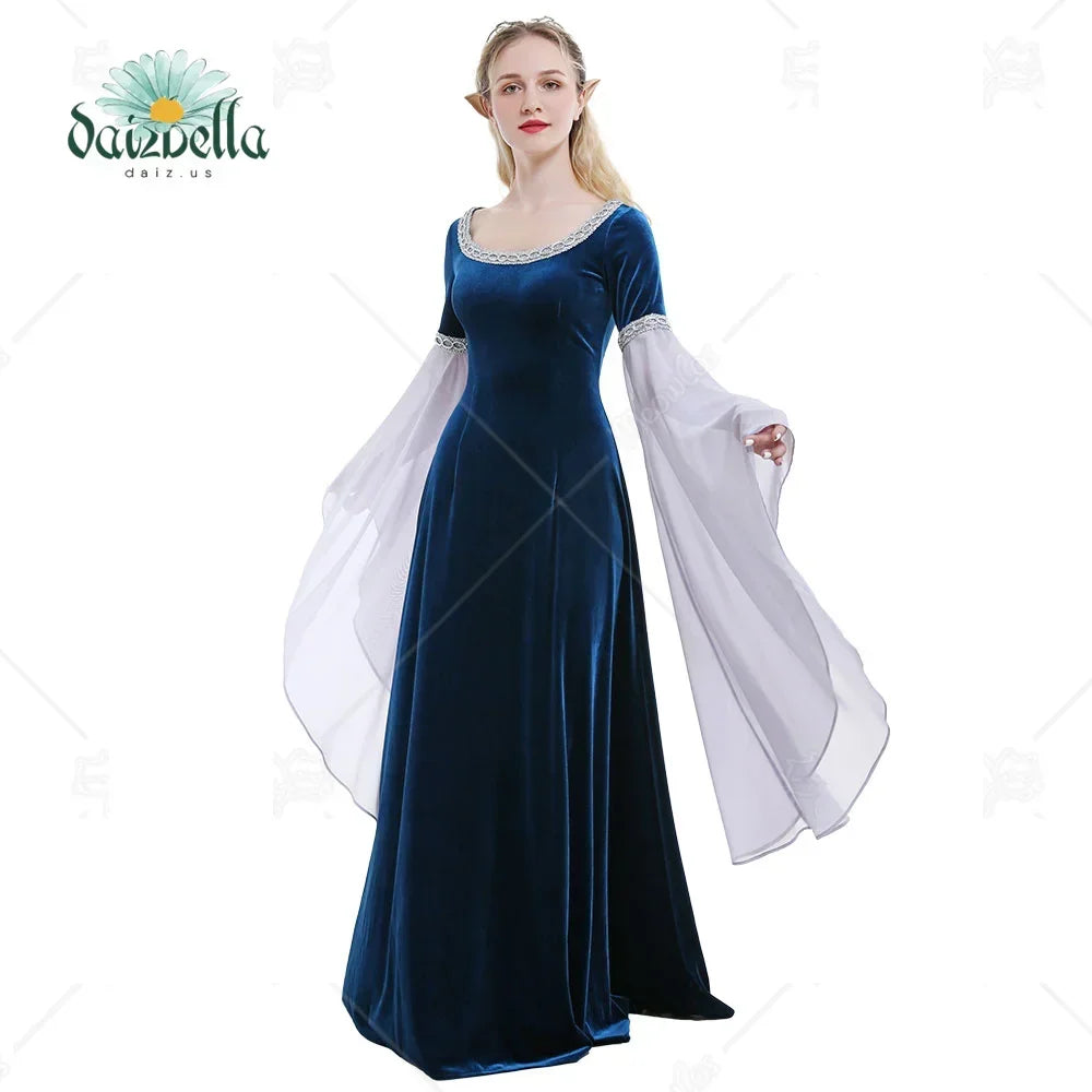 DAIZBELLA Halloween Medieval Costume Handmade Historical Dress Retro Fairy Elf - Blue / XL