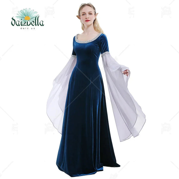 DAIZBELLA Halloween Medieval Costume Handmade Historical Dress Retro Fairy Elf - Blue / XL