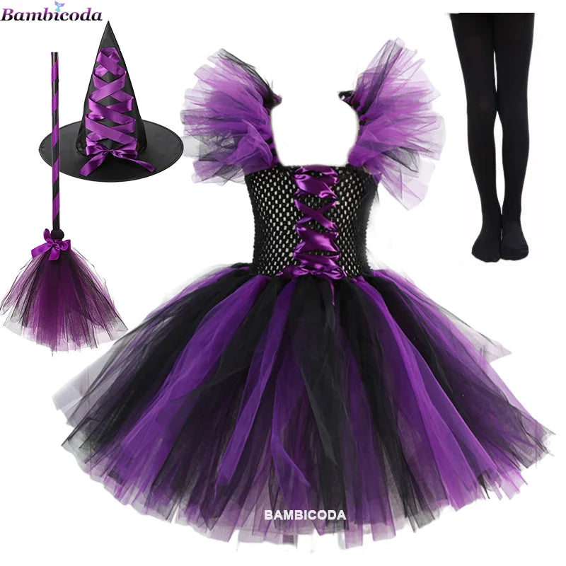 Kids' Witch Disguise Tutu Knee Hat Broom Pantyhose Halloween Costume - b1 / L(6-7Y)