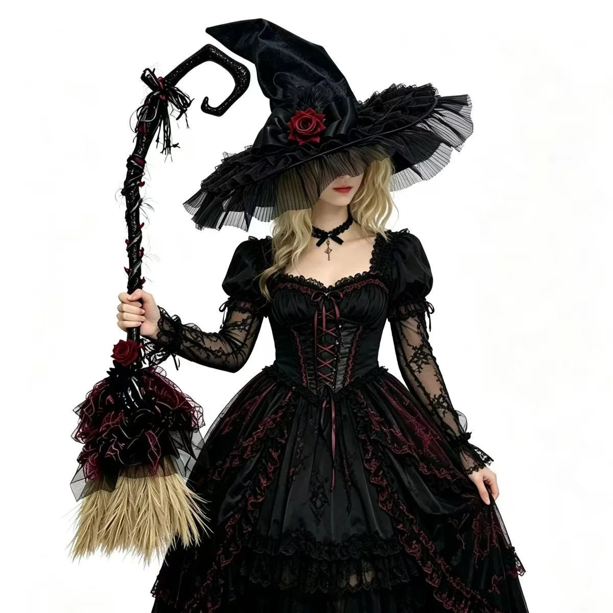 Gothic Halloween Witch Hat and Broom Set Witch Pointed Witch Flying Party - product image 11
