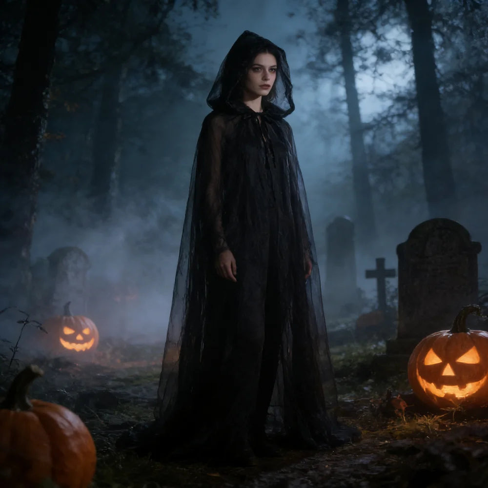 Black Bridal Shawl Witch Cosplay Cloak Halloween Cape Game Party Costume Props Holiday Dress Up Vampire - product image 2