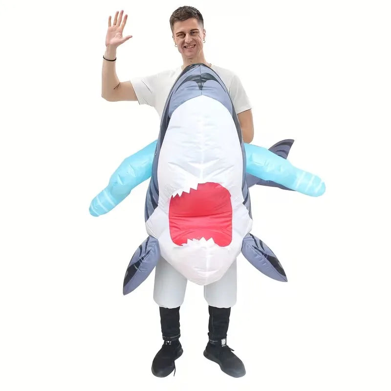 Inflatable Ride of Shark Costume for Adult Blow Up Green Riding A Shark Cosplay Costume Funny Halloween Party Carnival Suit