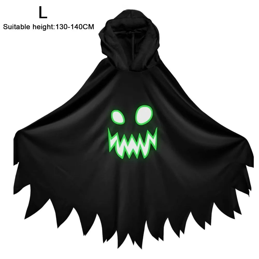 White Black Halloween Costume Ghost Face Design Cape Shawl Luminous Cloak Glow in the Dark - View 11