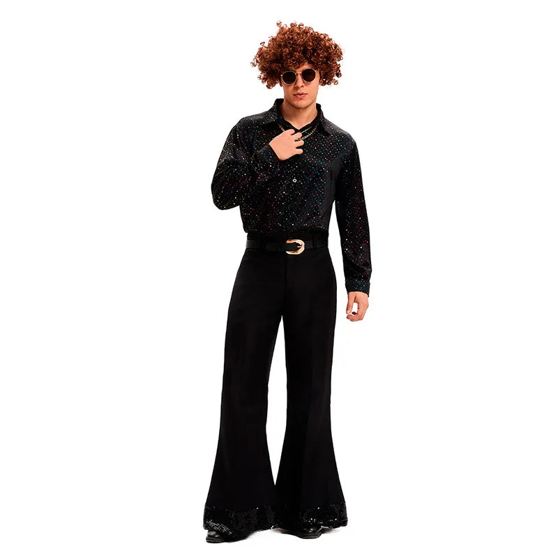 Men's 70s 80s Retro Disco Hippie Costume Polyester Bell Bottom Pants Top Set Halloween Holiday Party Cosplay - product image 4