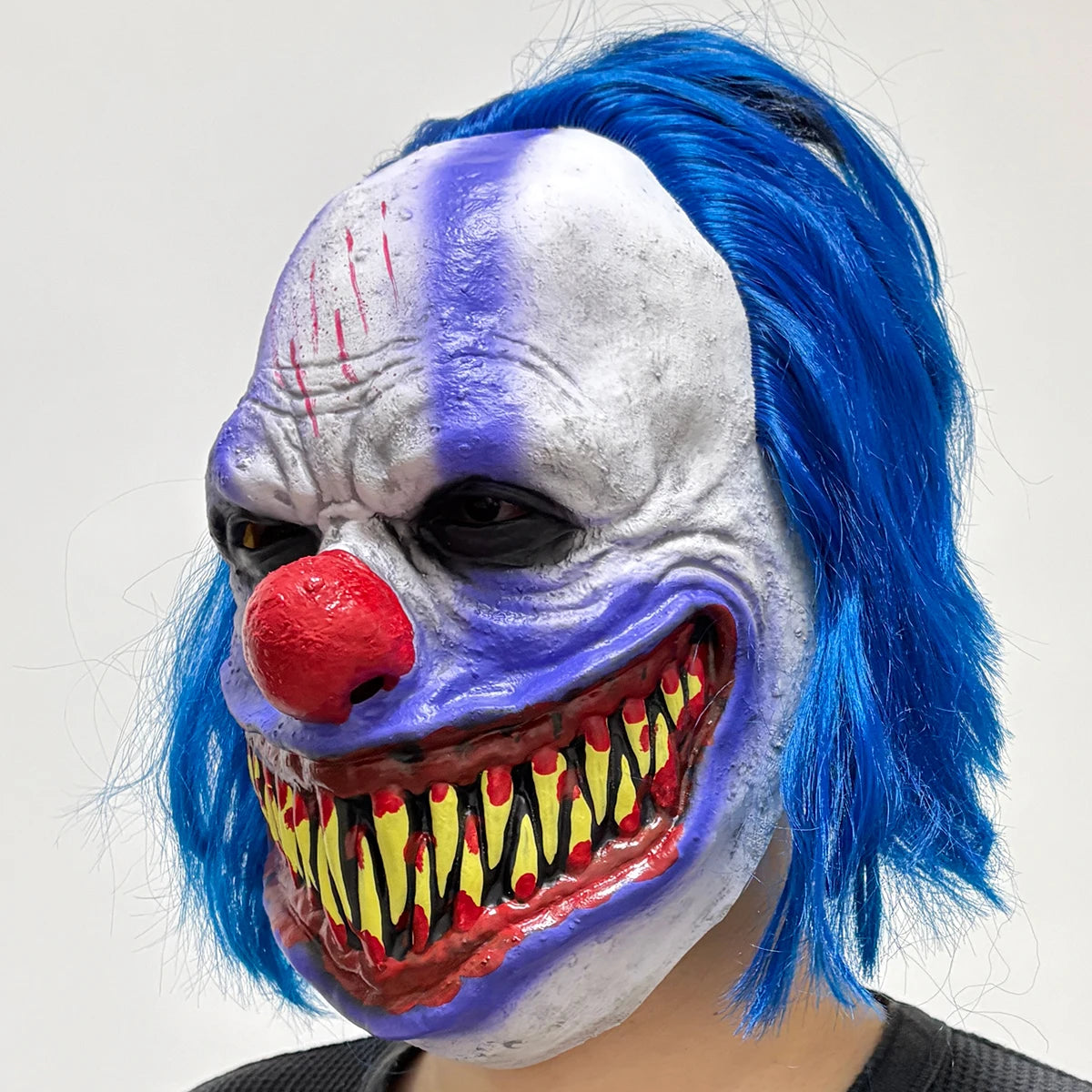 Scary Evil Clown Latex Mask With Blue Wig, Sharp Fangs Horror Mask, - view 2