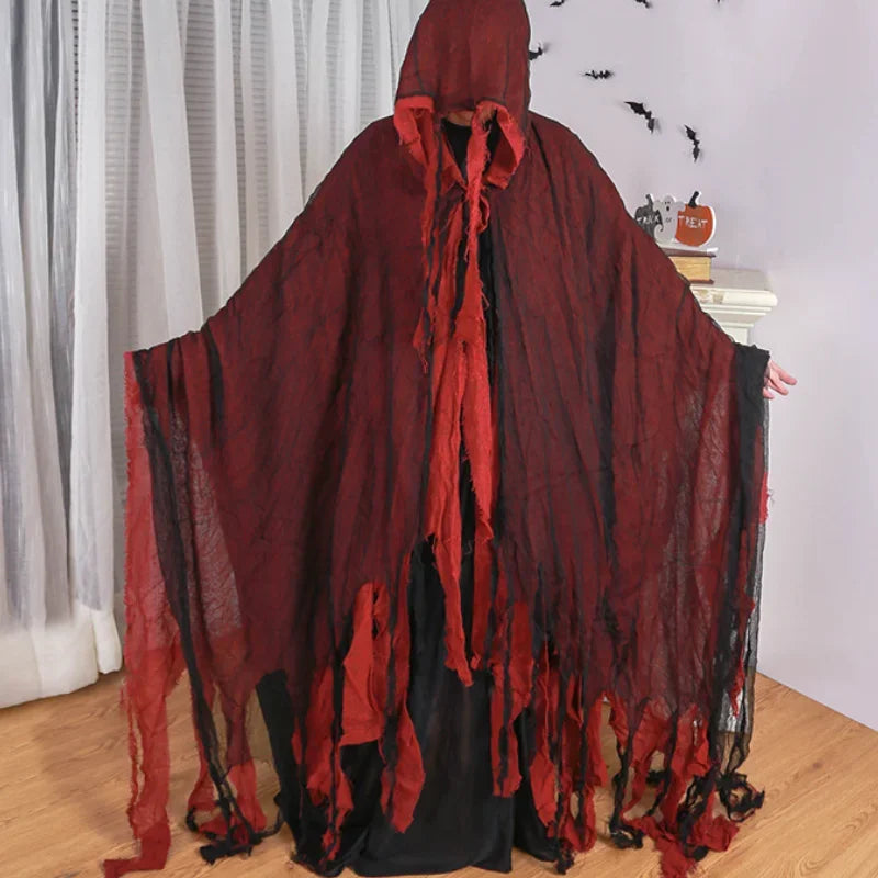 Scary Halloween Hooded Cloak Medieval Renaissance Wizard Cloak Horror Grim Reaper Costume - Red Cape / One Size