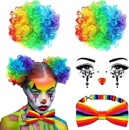 Women Halloween Clown Accessories Rainbow Wig Hair Clip on Puff Buns Clown Bowtie - View 6