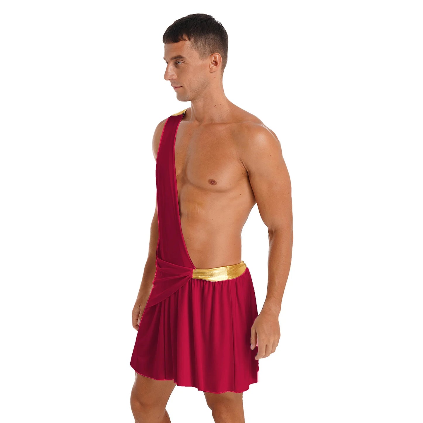 Men's Halloween Ancient Greek Roman Theme Toga Costume One Shoulder Strap Waistband Ruffle - Blue / XL
