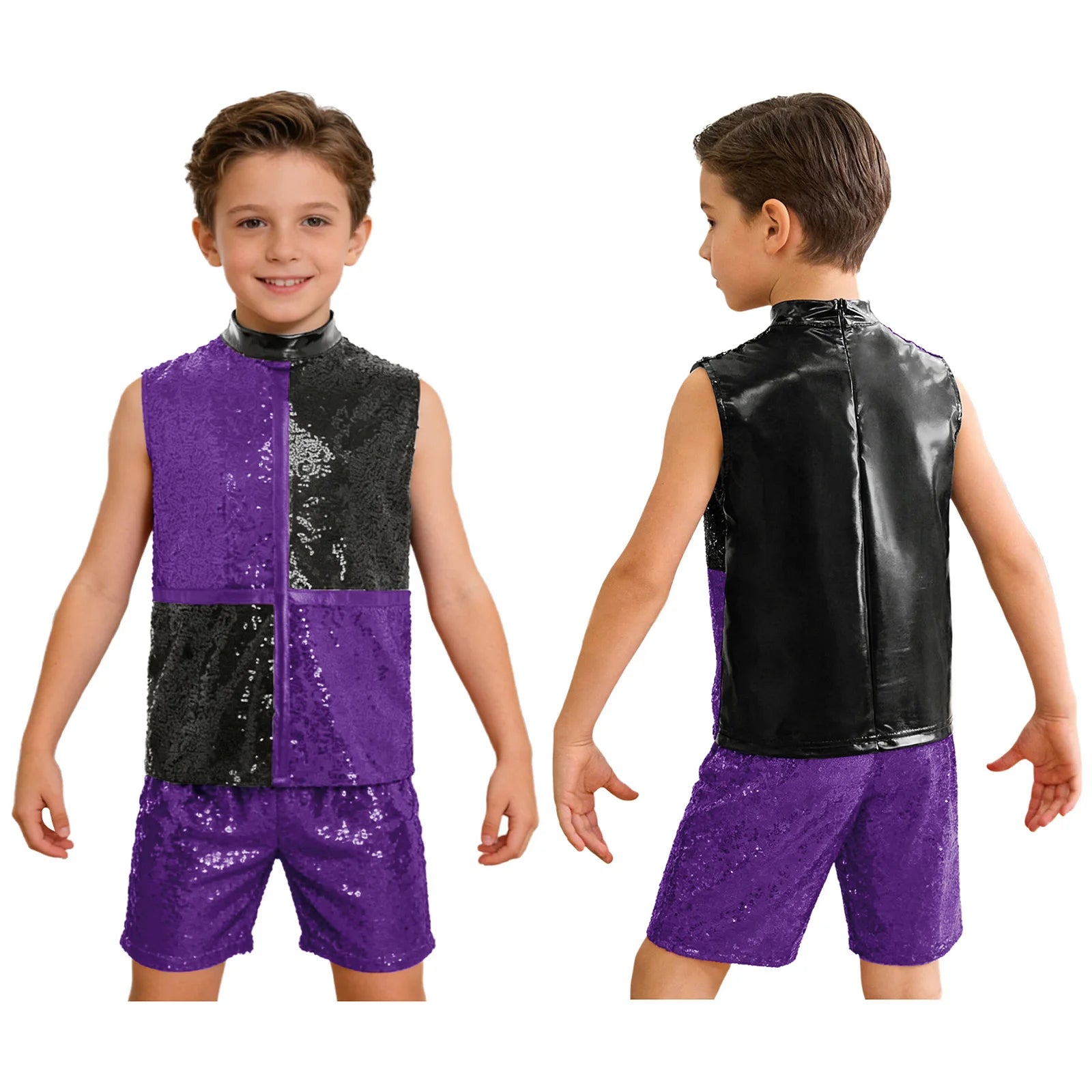 Kids Boys Hip Hop Dance Outfit Sequins Dance Top and Shorts Set Halloween Clown Costume - Silver / 8