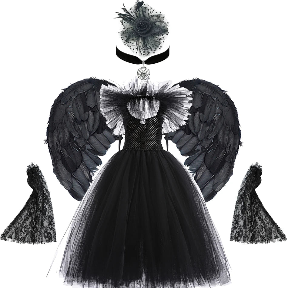 Kids' Horned Dark Fairy Queen Evil Witch Black Tulle Fantasy Costume - alternate view 13