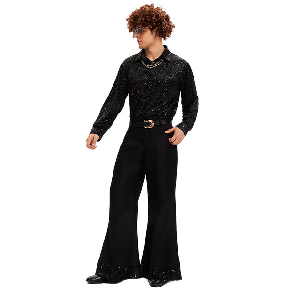 Men's 70s 80s Retro Disco Hippie Costume Polyester Bell Bottom Pants Top Set Halloween Holiday Party Cosplay - product image 1