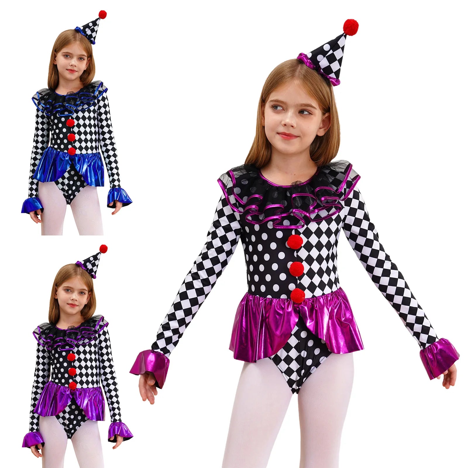Kids Girls Halloween Circus Clown Costume Theme Performance Sleeve Checkerboard Print - Purple / 10