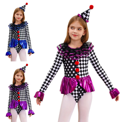 Kids Girls Halloween Circus Clown Costume Theme Performance Sleeve Checkerboard Print - Purple / 10