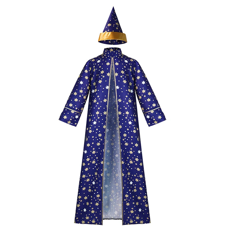 Men Magic Magician Costume Wizard Costume Blue Starry Robe Cloak Hat Medieval Adult - Purple / XXL
