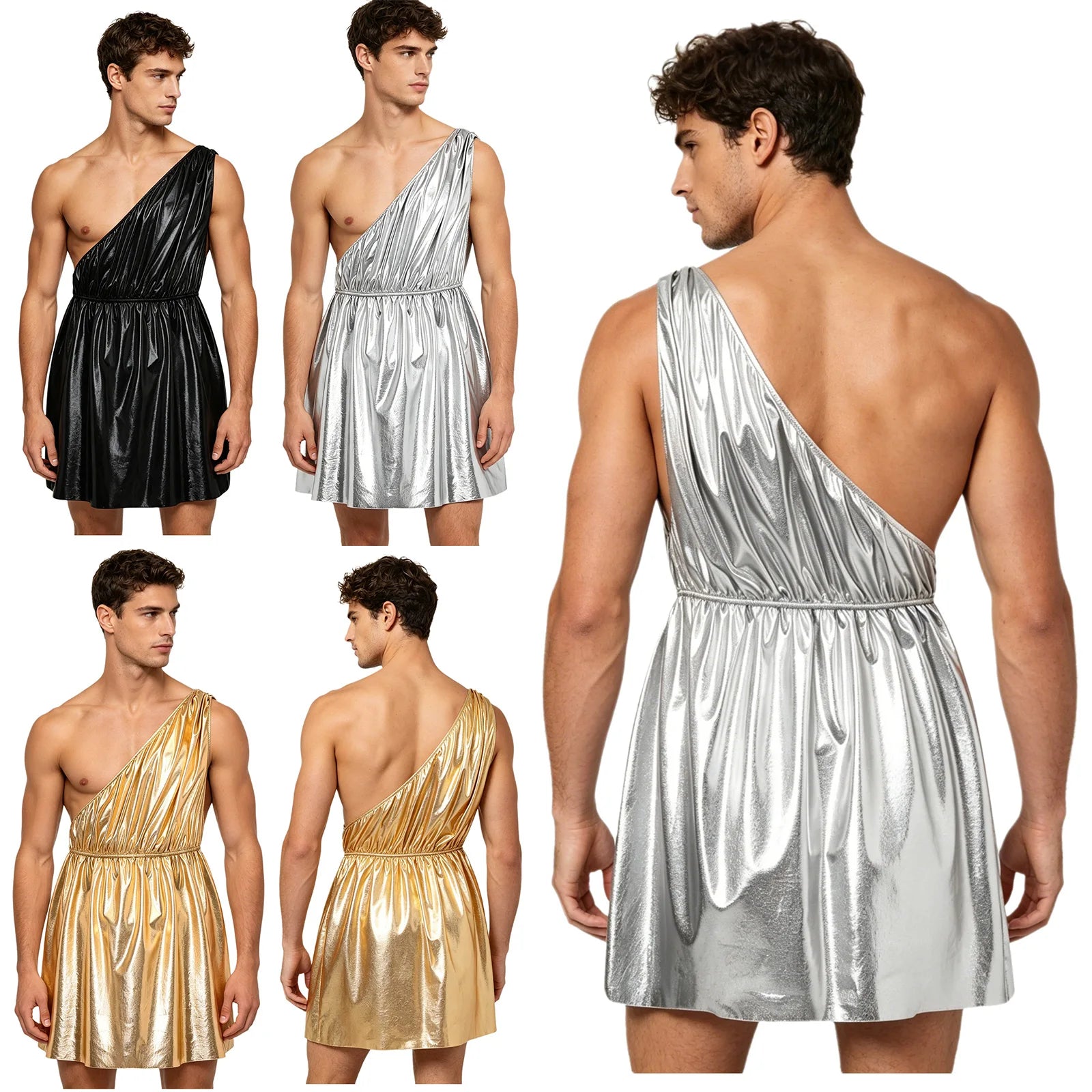 Men's Ancient Greek Roman Halloween Costume Mythology Costume Metallic Shiny Toga One - Silver / M