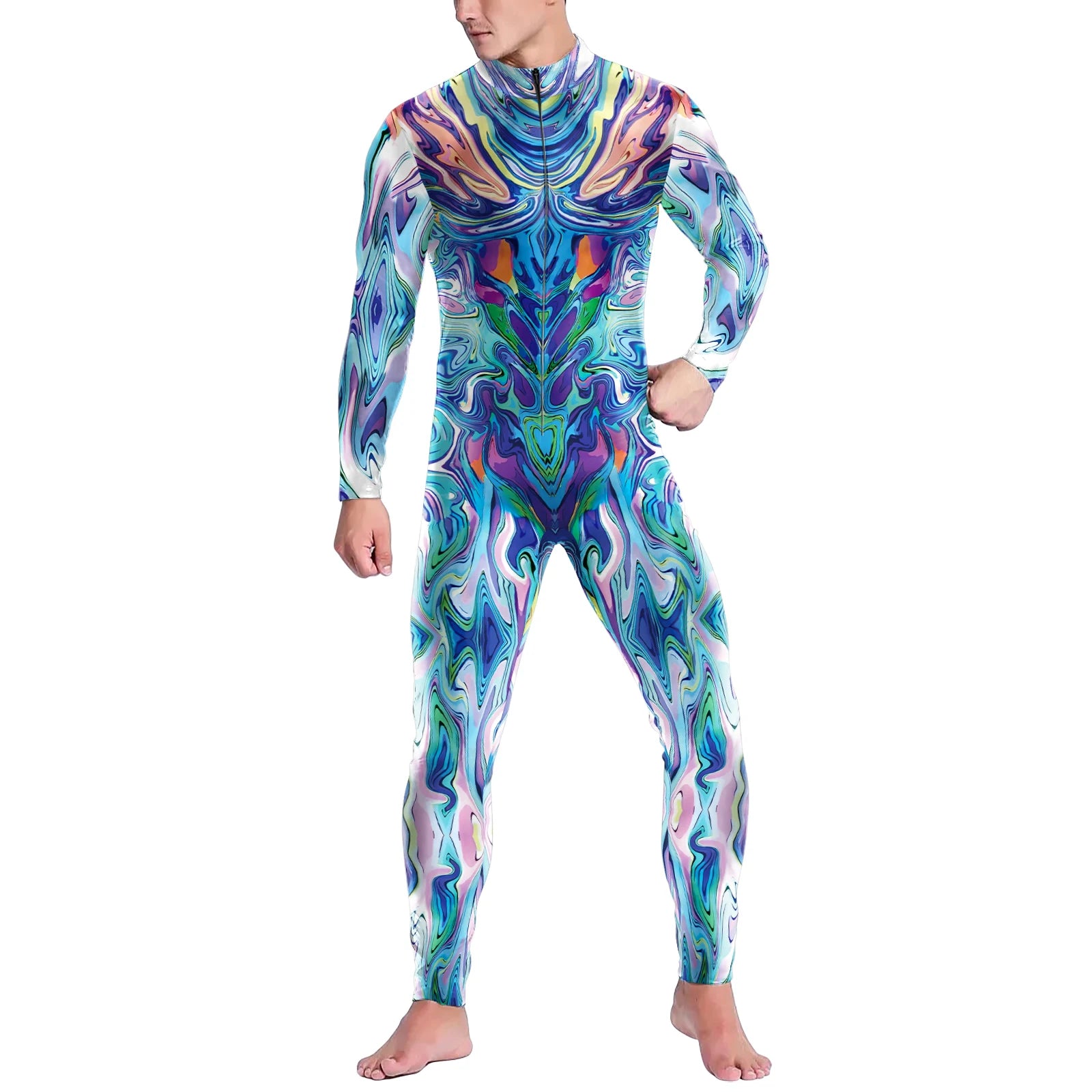 Men's Skeleton Dark Blood Skull Print Bodysuit Front Zipper Costume - alternate view 7