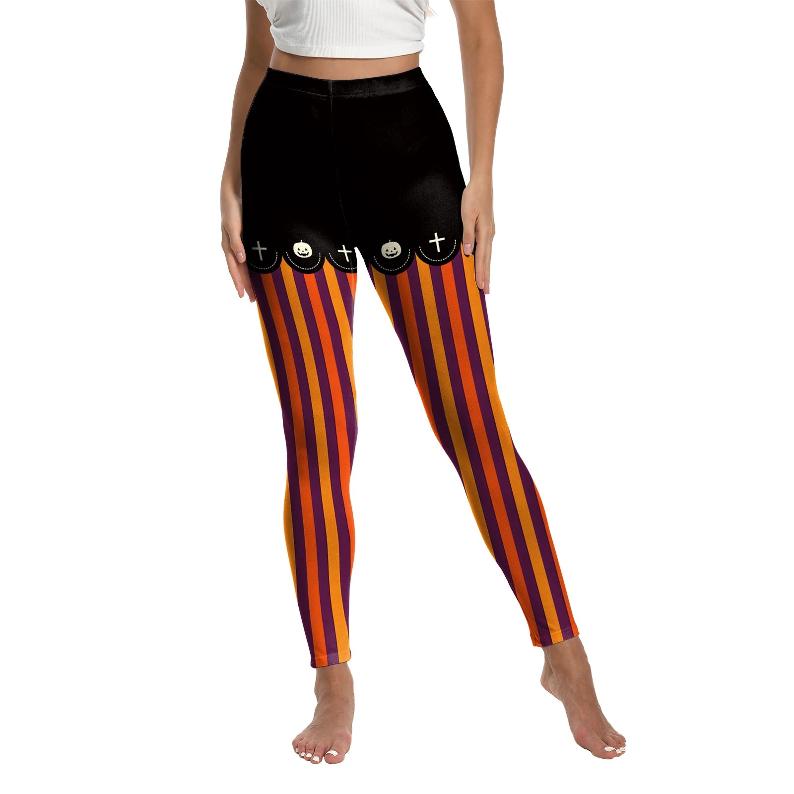 Women's Spooky Pumpkin Stripe Leggings - alternate view 7