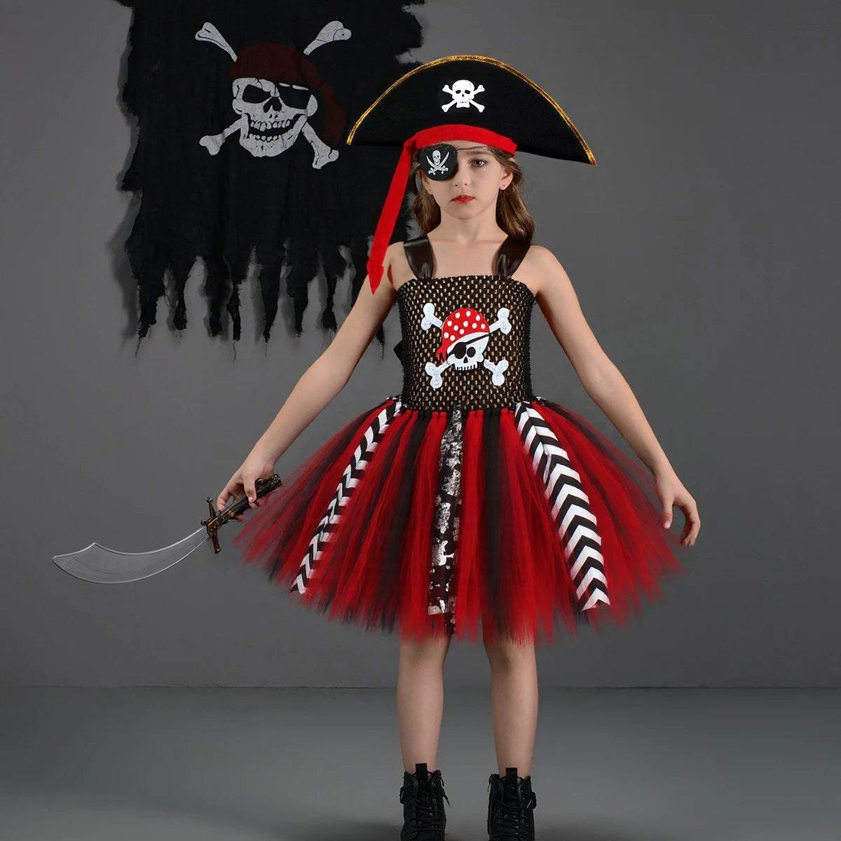 Black Red Halloween Girls Pirate Dress Cosplay Pirate Costume with Hat Kids Clothing - product image 1