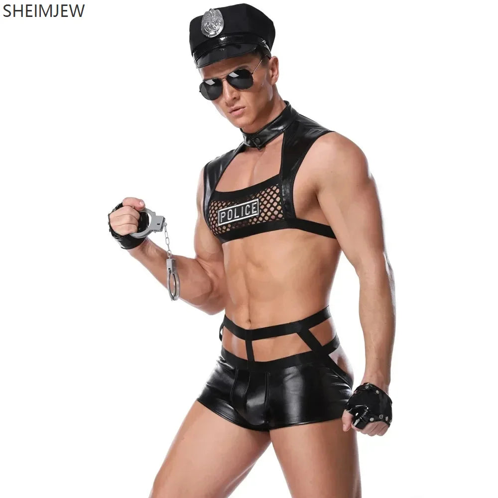 Men's Sexy Police Black Nightclub Bar Waiter Pole Dance Costume - alternate view 2