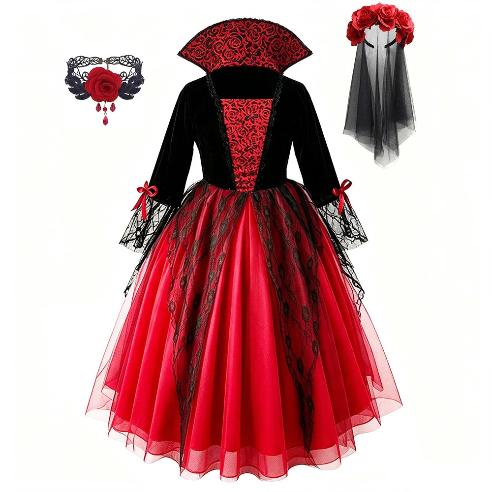 Kids Red Lace Ghost Bride Fancy Dress Spooky Bridal Role Play Outfit - product image 8