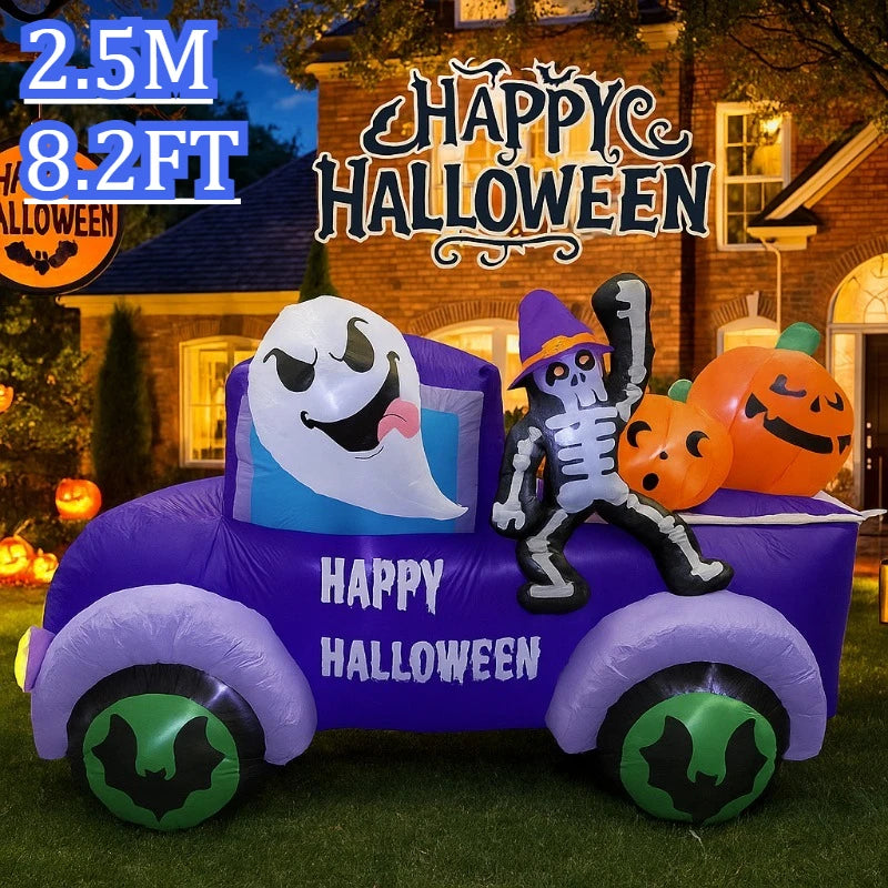 8FT Outdoor Inflatable Halloween Model - Ghost Driving Truck with Skeleton & Pumpkin, Built-in LEDs, Ideal for Yard Decorations